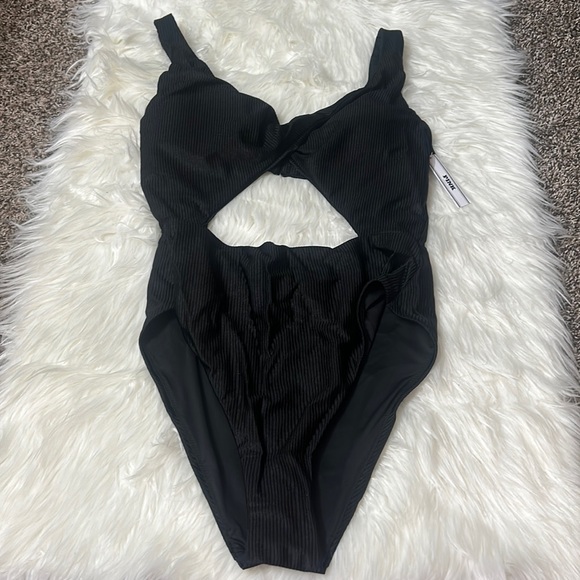 NWT PINK Victoria’s Secret Pure Black Twist It Cut Out One-Piece Swimsuit XL - Picture 1 of 12